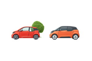 Two compact cars, one red with a green bush on top, and one orange, create a playful scene highlighting eco-friendliness and urban mobility. png