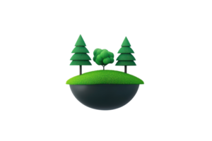 A 3D representation of a small green island with two pine trees and a bush, featuring lush grass on a rounded base. png