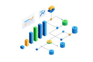 A colorful isometric representation of graphs and data analytics elements, including bar charts and circular graphs. png