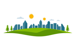 A colorful skyline featuring a variety of buildings, two suns, clouds, and trees on a green hill. png