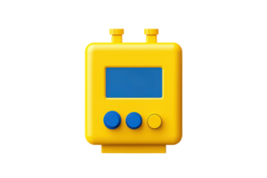 A bright yellow digital timer with a blue display and three buttons, designed for timing tasks effectively. png