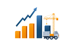A graphic representation of growth, featuring bar charts and a construction crane alongside a truck, symbolizing progress and development. png