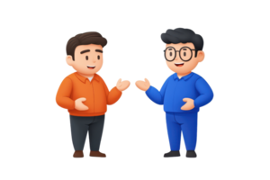 Two cartoon characters engaging in conversation, one wearing an orange jacket and the other in a blue outfit, both displaying friendly body language. png