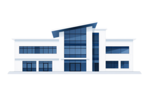 A modern, multi-story building featuring large glass windows and a distinctive angular roof design. png