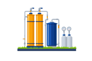 The image features industrial storage tanks in orange and blue, connected by pipes, designed for processing or storing fluids. png