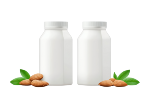 Two bottles of almond milk are displayed alongside almonds and green leaves, highlighting a healthy beverage choice. png