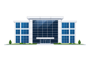 A modern office building featuring large glass windows and a symmetrical design, surrounded by greenery. png