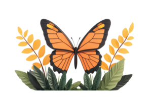 A vibrant orange butterfly with intricate wing patterns is surrounded by green leaves and golden foliage, creating a striking visual display. png