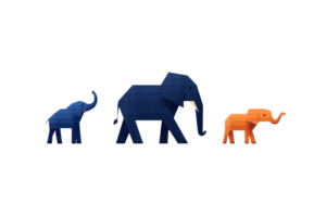 Three stylized elephants in varying colors and sizes, arranged in a horizontal line, showcasing their unique designs. png