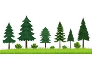 A row of various pine trees with lush green grass, showcasing different shapes and sizes. png