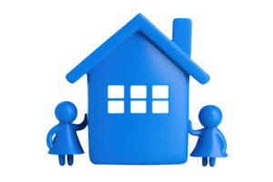 A vibrant blue house flanked by two blue figures, symbolizing family and home. png