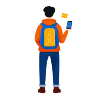 A person with a backpack holds a smartphone in one hand and a card in the other, showcasing a modern, tech-savvy lifestyle. png