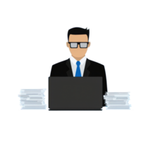 A professional man in a suit and glasses working on a laptop, surrounded by stacks of papers, symbolizing business and productivity. png