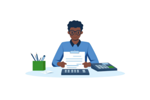 A person sitting at a desk, reviewing documents, with a calculator, stationery, and a notepad. png