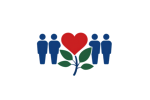 An illustration featuring four figures and a heart, surrounded by leaves, symbolizing love and connection among people. png