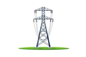 A tall power transmission tower stands prominently, showcasing its intricate design and structure for carrying electrical power. png