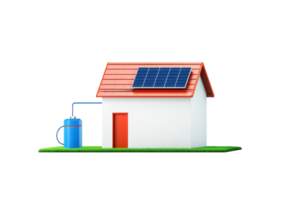 A small house with a red roof featuring solar panels and a water tank, emphasizing sustainable energy and resource management. png