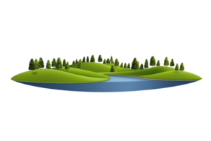 A serene landscape featuring rolling green hills, a winding river, and clusters of trees, creating a peaceful natural scene. png