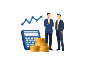 Two business professionals stand next to a calculator and a stack of coins, symbolizing financial growth and investment. png