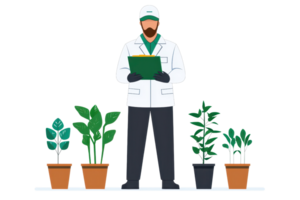 A man in a lab coat examines plants, holding a clipboard, surrounded by potted greenery. png