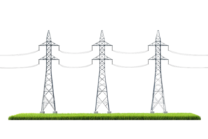 Three electrical towers stand prominently, showcasing their structure and power lines above a patch of green grass. png
