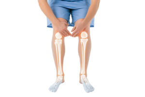 A person is sitting with knees bent, displaying highlighted leg bones and joints, emphasizing anatomy and skeletal structure. png