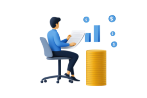 A person sits at a desk, analyzing financial data with a stack of coins and graphical representations of money. png