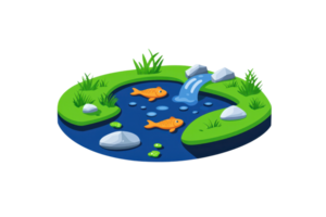 A serene pond with orange fish, lush green grass, smooth stones, and a small waterfall creating a tranquil aquatic scene. png