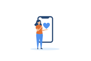 A woman in casual clothing holds a heart symbol in front of a smartphone, symbolizing love or connection in a digital context. png