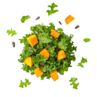 A vibrant salad composed of fresh leafy greens, orange cubes, and sunflower seeds, creating a colorful and nutritious dish. png