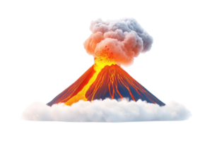 A vibrant volcano erupts, emitting ash and lava, with a billowing cloud of smoke forming above its summit. png