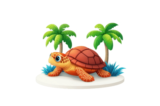 en färgrik sköldpadda med en mönstrad skal, omgiven förbi vibrerande handflatan träd och gräs, skapande en tropisk atmosfär. png