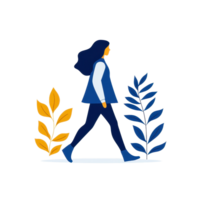 A woman walks confidently, flanked by stylized leaves in vibrant colors, showcasing a blend of nature and movement. png