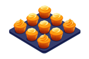 A tray of vibrant orange cupcakes topped with creamy frosting arranged in a neat grid pattern. png