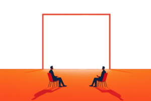 Two silhouetted figures sit on red chairs facing a large, empty frame against a transparent background, evoking themes of emptiness and contemplation. png