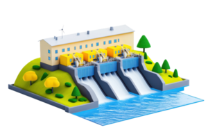 A colorful, stylized hydroelectric power station with three water turbines and a flowing river, surrounded by trees and shrubs. png