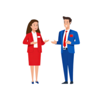 A woman in a red suit and a man in a blue suit are engaged in a conversation, both smiling and gesturing. png