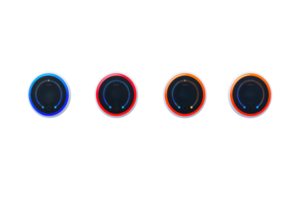 Four circular knobs with varying illuminated edges in blue, red, and orange, showcasing a sleek design and modern aesthetic. png