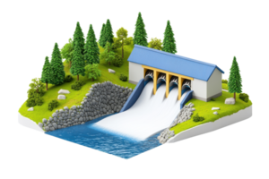 A model of a dam with flowing water, surrounded by greenery, featuring a blue roof and multiple water outlets. png