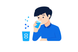 A young person drinks a blue beverage from a cup, enjoying the refreshment with animated bubbles around. png