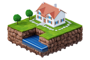 A stylized house with a red roof, surrounded by greenery, built on a textured terrain featuring a small water feature. png
