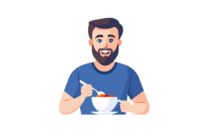 A cheerful man with a beard enjoys a bowl of food, holding a spoon and smiling. png