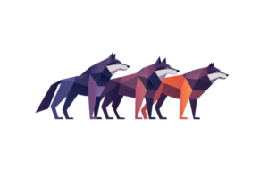 A stylized geometric representation of three wolves, showcasing vibrant colors and angular shapes. png