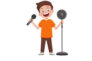 A cheerful cartoon boy holding a microphone and standing next to a microphone stand, ready to perform. png