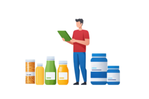 A person holding a tablet stands beside various bottles and containers, suggesting a focus on health products or nutritional supplements. png