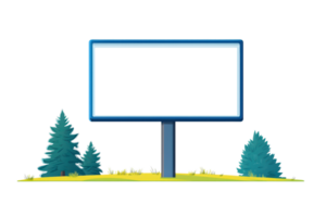 A signpost with a blank billboard is surrounded by stylized evergreen trees and grass. png