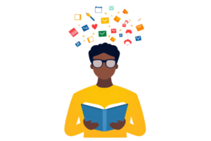 A person with glasses reads a book while various colorful icons representing knowledge and communication float above their head. png