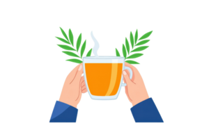 A pair of hands holds a steaming cup of tea, surrounded by green leaves, symbolizing warmth and nature. png