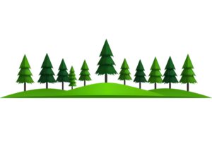 A stylized representation of a row of green trees on a grassy hill, showcasing various tree sizes and shapes. png