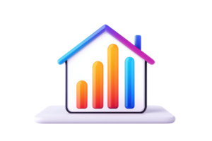 A stylized house icon features colorful bar graphs, representing data analysis and trends in a visually appealing manner. png